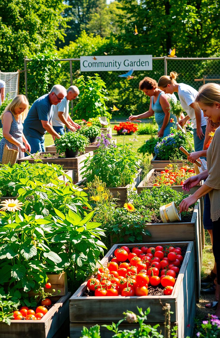 A vibrant community garden scene, showcasing a variety of vegetables and flowers, with diverse individuals tending to the plants