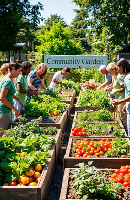 A vibrant community garden scene, showcasing a variety of vegetables and flowers, with diverse individuals tending to the plants