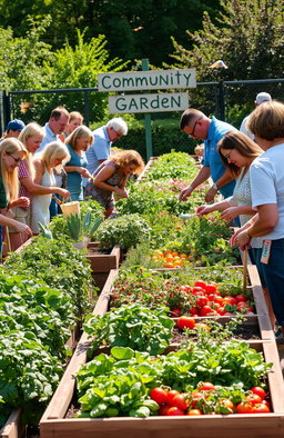 A vibrant community garden scene, showcasing a variety of vegetables and flowers, with diverse individuals tending to the plants