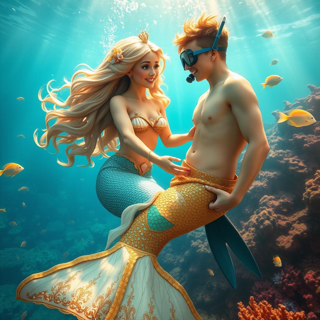 A captivating underwater scene featuring a mermaid princess and a human gracefully interacting beneath the waves