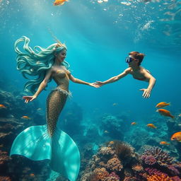 A captivating underwater scene featuring a mermaid princess and a human gracefully interacting beneath the waves