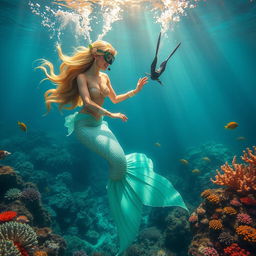 A captivating underwater scene featuring a mermaid princess and a human gracefully interacting beneath the waves