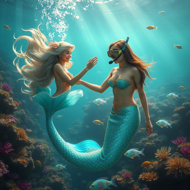 A captivating underwater scene featuring a mermaid princess and a human gracefully interacting beneath the waves