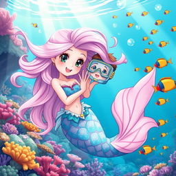 A vibrant anime-style illustration depicting a mermaid princess and a human in a friendly encounter underwater