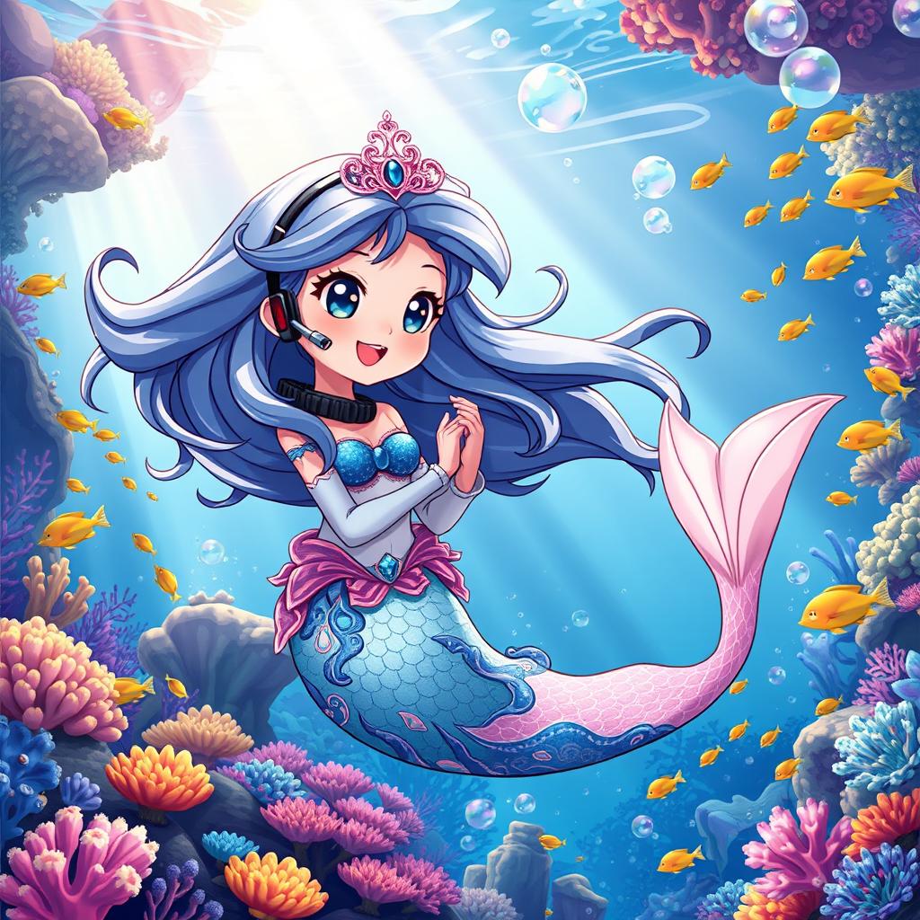 A vibrant anime-style illustration depicting a mermaid princess and a human in a friendly encounter underwater