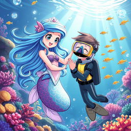 A vibrant anime-style illustration depicting a mermaid princess and a human in a friendly encounter underwater