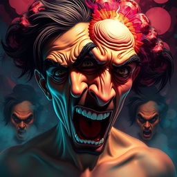 A surreal and provocative artwork featuring a stylized representation of ballbusting, where the focus is on the abstract expressions and exaggerated features to convey intensity and emotion
