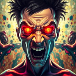A surreal and provocative artwork featuring a stylized representation of ballbusting, where the focus is on the abstract expressions and exaggerated features to convey intensity and emotion