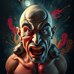 A surreal and provocative artwork featuring a stylized representation of ballbusting, where the focus is on the abstract expressions and exaggerated features to convey intensity and emotion