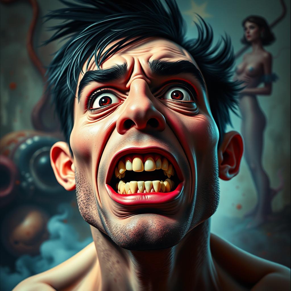A surreal and provocative artwork featuring a stylized representation of ballbusting, where the focus is on the abstract expressions and exaggerated features to convey intensity and emotion