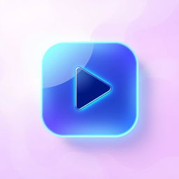 A stylized and modern play button icon, featuring a sleek design with a bright neon blue gradient that gradually fades into a calming pastel background