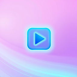 A stylized and modern play button icon, featuring a sleek design with a bright neon blue gradient that gradually fades into a calming pastel background