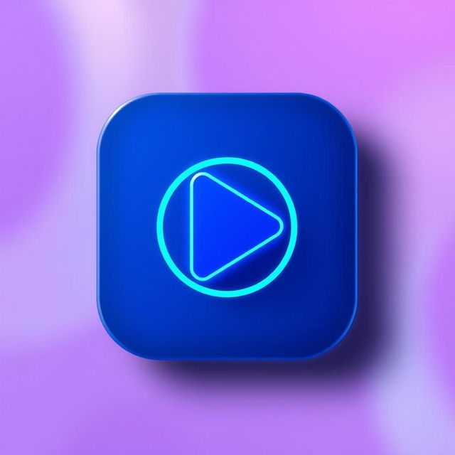 A stylized and modern play button icon, featuring a sleek design with a bright neon blue gradient that gradually fades into a calming pastel background