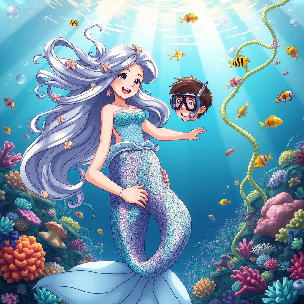 A delightful anime-style scene depicting a mermaid princess and a male human enjoying their time underwater