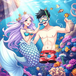 A delightful anime-style scene depicting a mermaid princess and a male human enjoying their time underwater