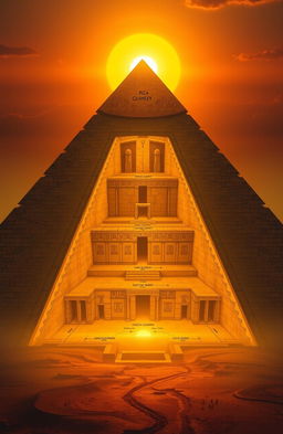 An architectural blueprint of the Great Pyramid of Giza, highlight the inner dimensions, including the Grand Gallery, the King's Chamber, the Queen's Chamber, and the three known shafts