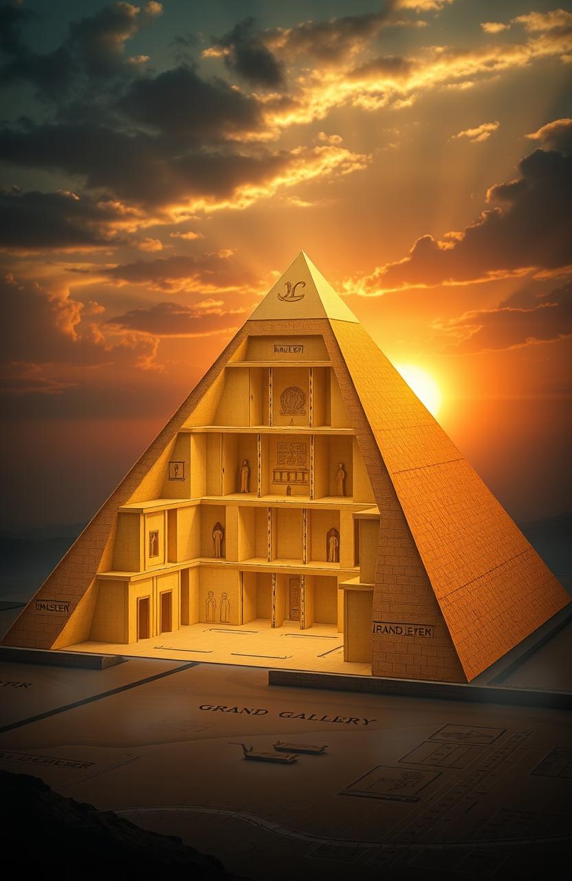 An architectural blueprint of the Great Pyramid of Giza, highlight the inner dimensions, including the Grand Gallery, the King's Chamber, the Queen's Chamber, and the three known shafts