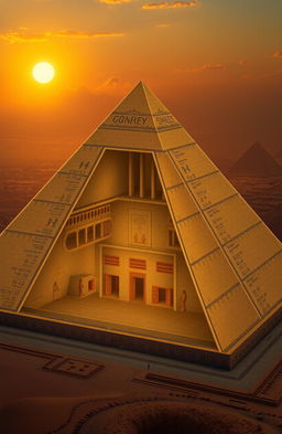 An architectural blueprint of the Great Pyramid of Giza, highlight the inner dimensions, including the Grand Gallery, the King's Chamber, the Queen's Chamber, and the three known shafts
