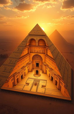 An architectural blueprint of the Great Pyramid of Giza, highlight the inner dimensions, including the Grand Gallery, the King's Chamber, the Queen's Chamber, and the three known shafts