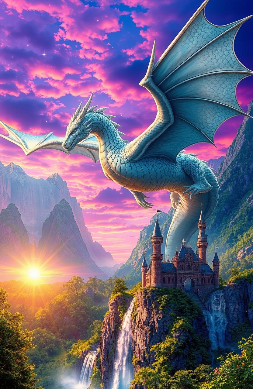 A fantastical scene featuring a majestic silver dragon soaring through a vibrant fantasy landscape filled with lush green forests and towering mountains