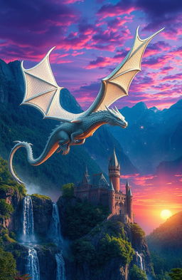 A fantastical scene featuring a majestic silver dragon soaring through a vibrant fantasy landscape filled with lush green forests and towering mountains