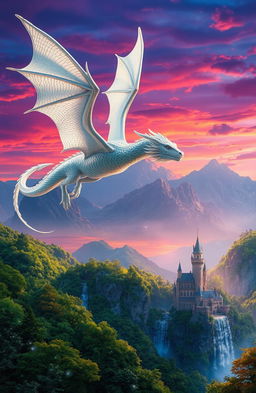 A fantastical scene featuring a majestic silver dragon soaring through a vibrant fantasy landscape filled with lush green forests and towering mountains