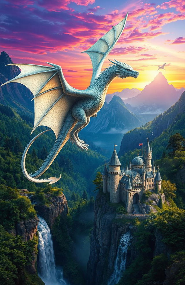 A fantastical scene featuring a majestic silver dragon soaring through a vibrant fantasy landscape filled with lush green forests and towering mountains