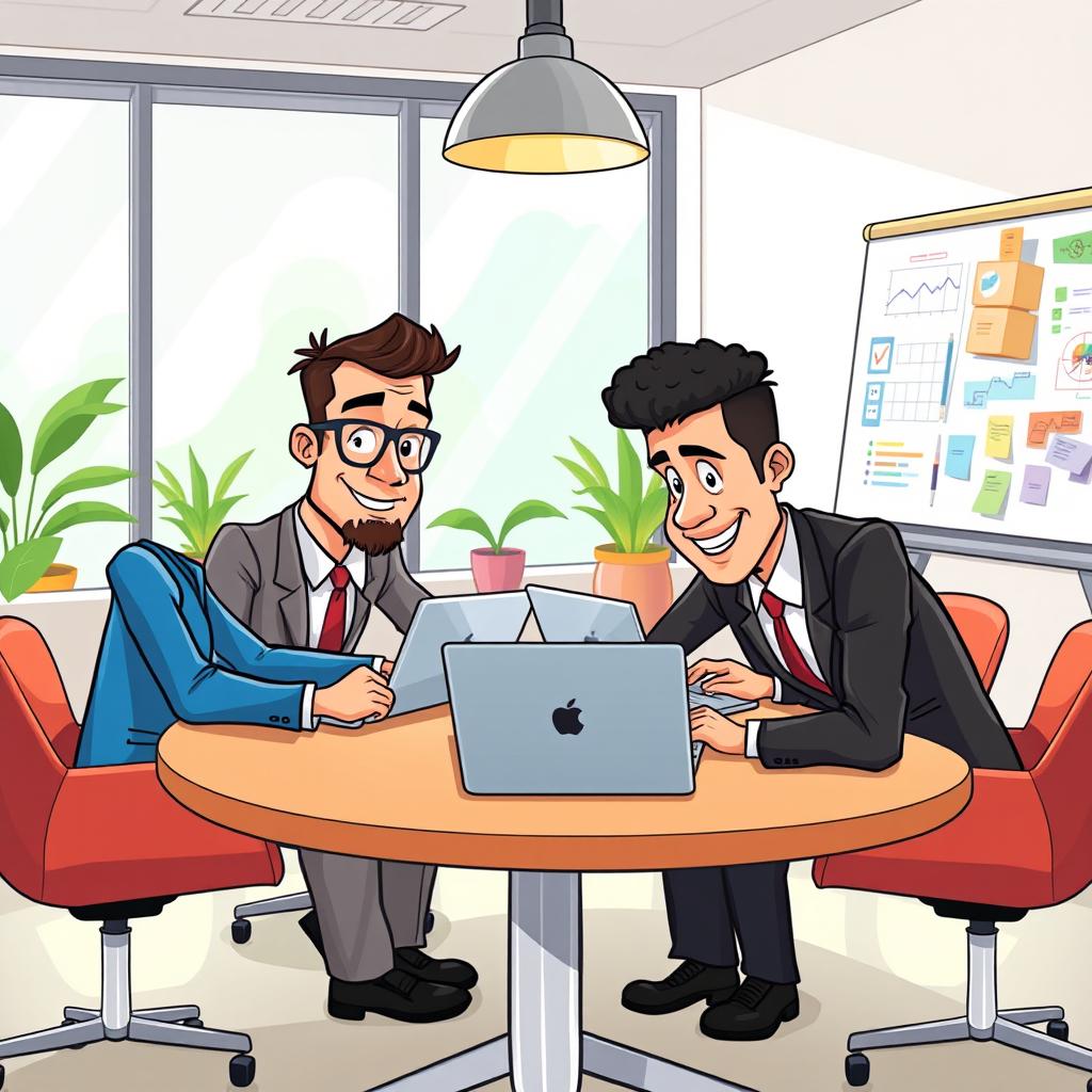 A vibrant cartoon scene depicting three business men sitting around a modern conference table, each absorbed in their laptops