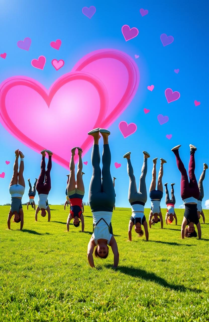 A vibrant, energetic scene featuring people performing handstands against a bright blue sky