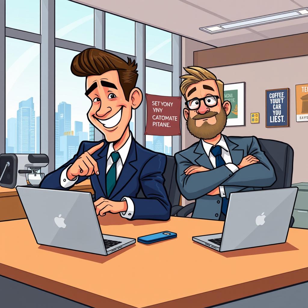 A vibrant cartoon scene featuring two business men at a sleek modern office with laptops in front of them