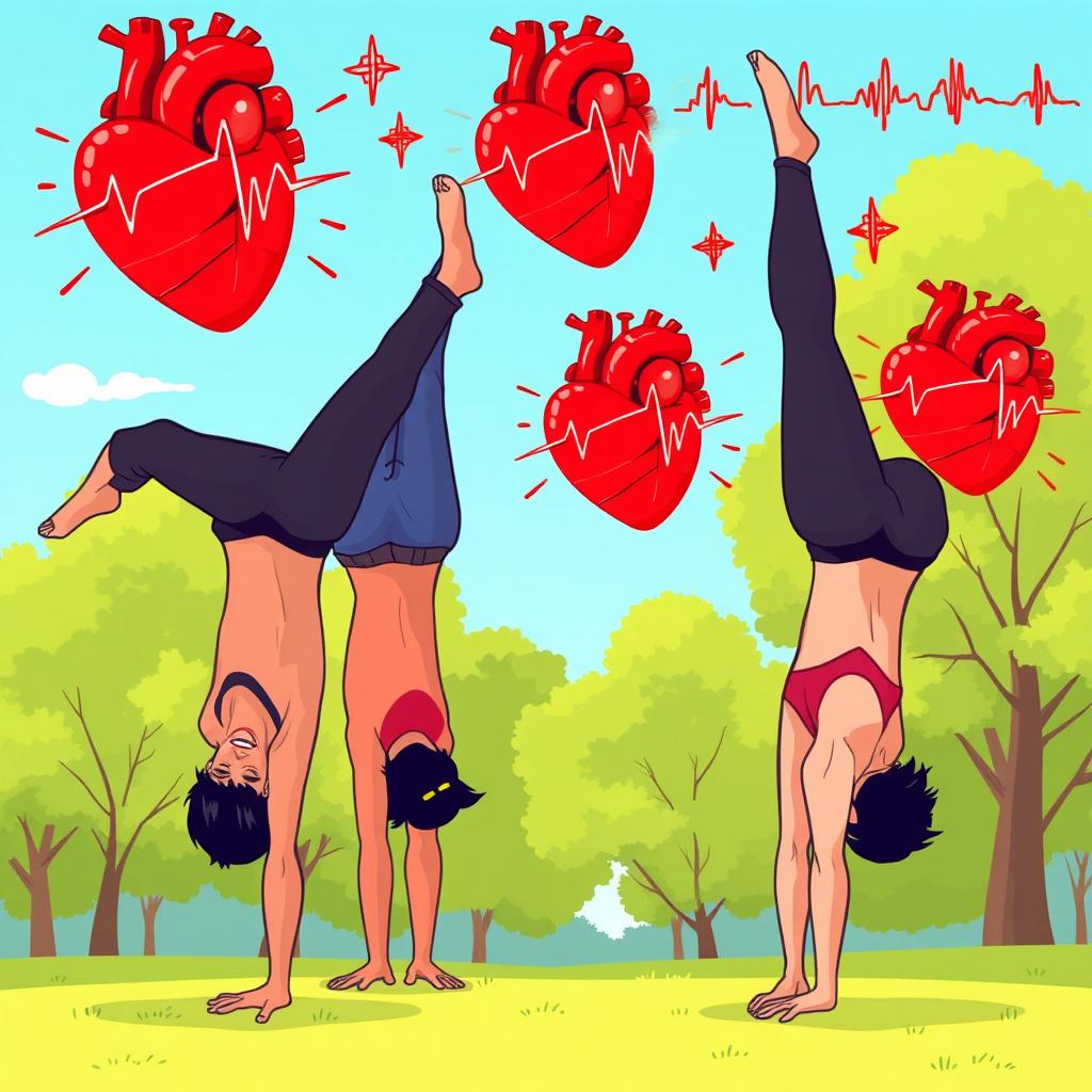 A dynamic and lively illustration showing individuals performing handstands in a park setting, with an emphasis on athleticism and balance