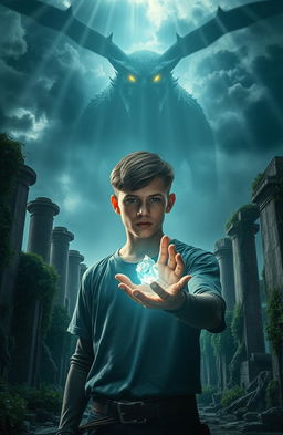 A dynamic and dramatic fantasy scene featuring a young man with a determined expression, standing proudly in the center of ancient, crumbling ruins