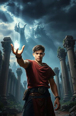 A dynamic and dramatic fantasy scene featuring a young man with a determined expression, standing proudly in the center of ancient, crumbling ruins