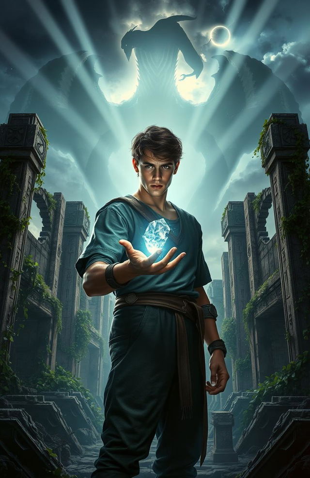 A dynamic and dramatic fantasy scene featuring a young man with a determined expression, standing proudly in the center of ancient, crumbling ruins