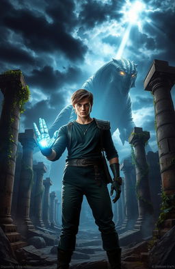 A dynamic and dramatic fantasy scene featuring a young man with a determined expression, standing proudly in the center of ancient, crumbling ruins