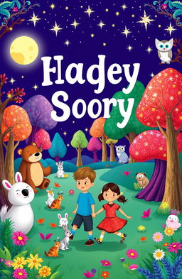 A colorful and enchanting children's storybook cover, featuring a whimsical forest filled with friendly animals such as a cheerful bear, a playful rabbit, and a wise old owl