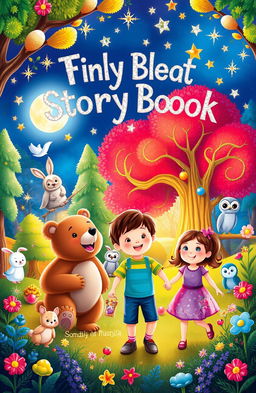 A colorful and enchanting children's storybook cover, featuring a whimsical forest filled with friendly animals such as a cheerful bear, a playful rabbit, and a wise old owl