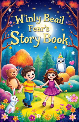 A colorful and enchanting children's storybook cover, featuring a whimsical forest filled with friendly animals such as a cheerful bear, a playful rabbit, and a wise old owl