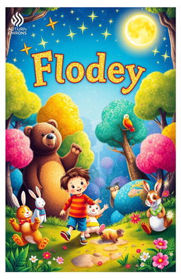A colorful and enchanting children's storybook cover, featuring a whimsical forest filled with friendly animals such as a cheerful bear, a playful rabbit, and a wise old owl