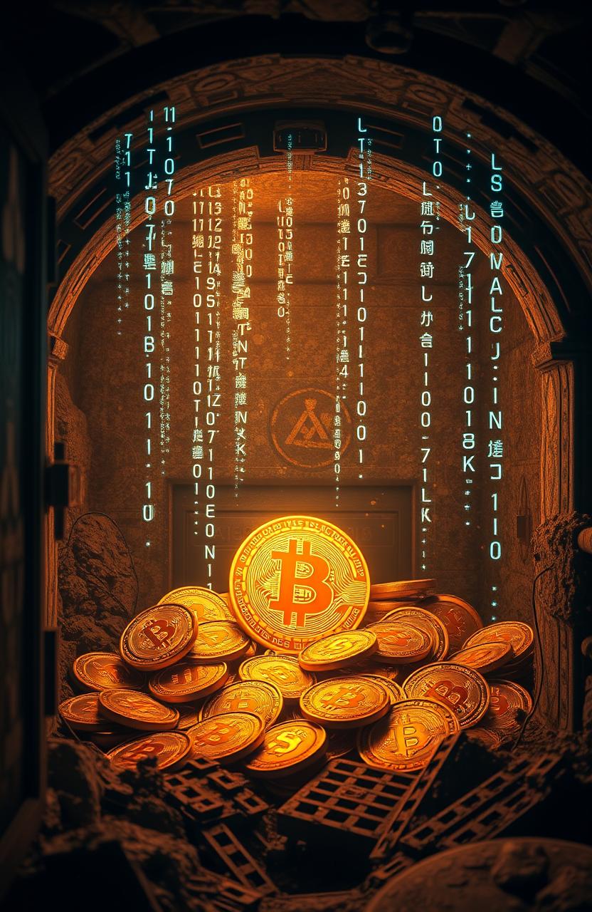 An imaginative representation of Satoshi Nakamoto's lost treasure; a hidden stash of Bitcoin physical coins, glimmering under soft, warm light inside an ancient, dusty vault