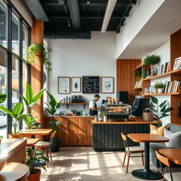 A modern and cozy coffee shop interior, featuring minimalist design elements with warm wooden accents and stylish furniture