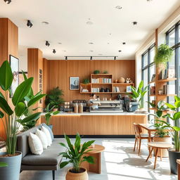 A modern and cozy coffee shop interior, featuring minimalist design elements with warm wooden accents and stylish furniture