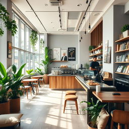 A modern and cozy coffee shop interior, featuring minimalist design elements with warm wooden accents and stylish furniture