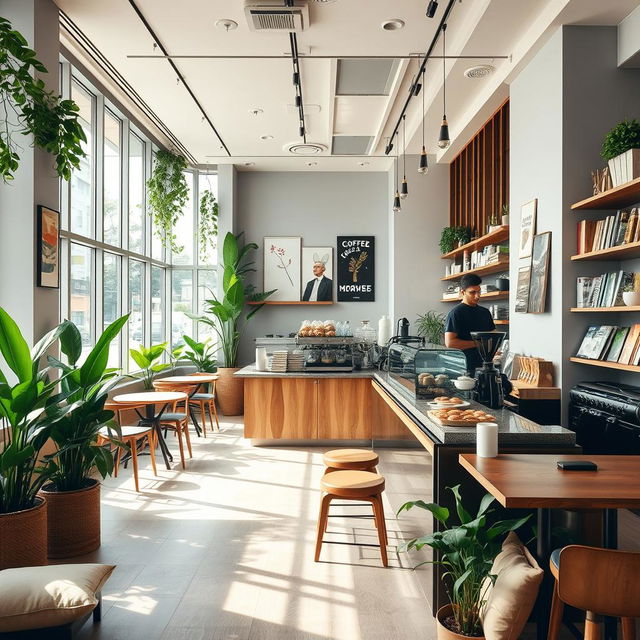 A modern and cozy coffee shop interior, featuring minimalist design elements with warm wooden accents and stylish furniture