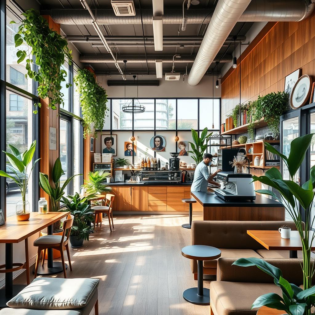A modern and cozy coffee shop interior, featuring minimalist design elements with warm wooden accents and stylish furniture