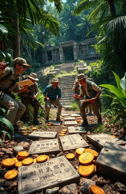An adventurous scene depicting a thrilling treasure hunt for Satoshi Nakamoto's lost treasure
