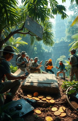 An adventurous scene depicting a thrilling treasure hunt for Satoshi Nakamoto's lost treasure