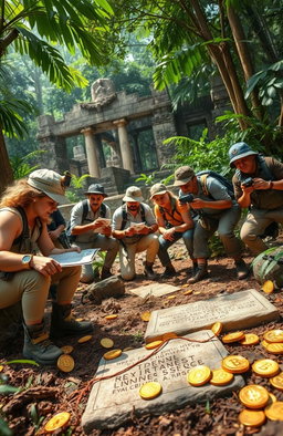 An adventurous scene depicting a thrilling treasure hunt for Satoshi Nakamoto's lost treasure