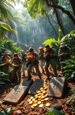 An adventurous scene depicting a thrilling treasure hunt for Satoshi Nakamoto's lost treasure