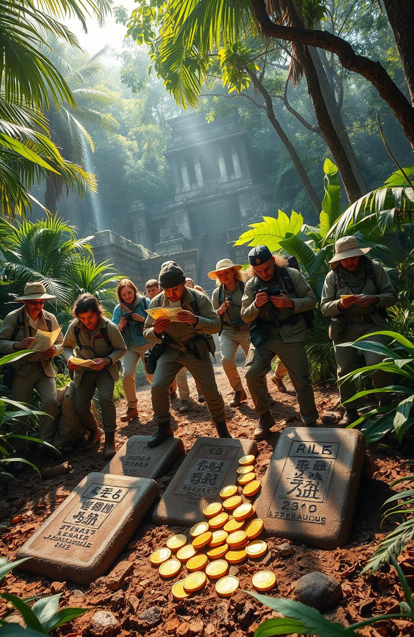 An adventurous scene depicting a thrilling treasure hunt for Satoshi Nakamoto's lost treasure